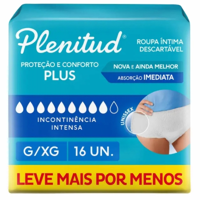 Roupa Íntima Descartável Unissex Plenitud Plus G/XG Absorção Intensa 16 unidades