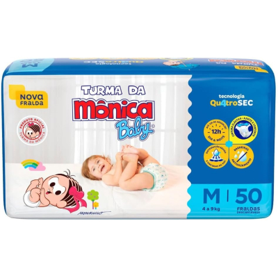 Fralda Turma da Mônica Baby Proteção Até 12h Cintura Elástica Barreira Antivazamento M 50 unidades