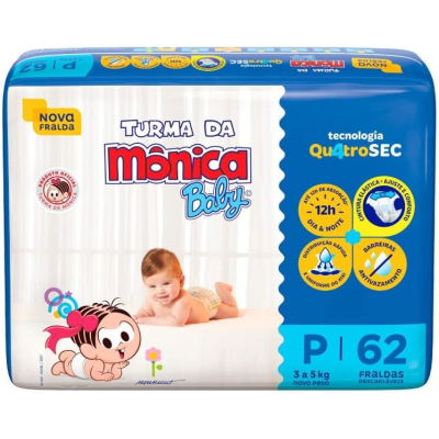 Fralda Turma da Mônica Baby Proteção Até 12h Cintura Elástica Barreira Antivazamento P 62 unidades